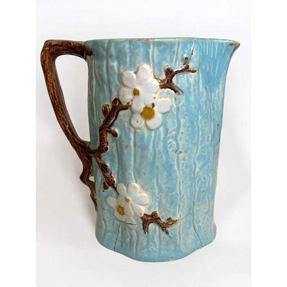 Joseph Holdcroft Antique Majolica 5.5 Inch Pitcher Dogwood Blue - Picture 1 of 8